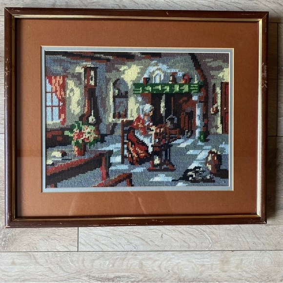 Vintage needlepoint cross stitch wall art cottage fireplace scenes - Picture 3 of 9
